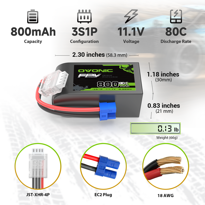 2× OVONIC 11.1V 80C 800mAh 3S LiPo Battery with EC2 Plug for Micro FPV Tinywhoop Cinewhoop Drone Helicopters