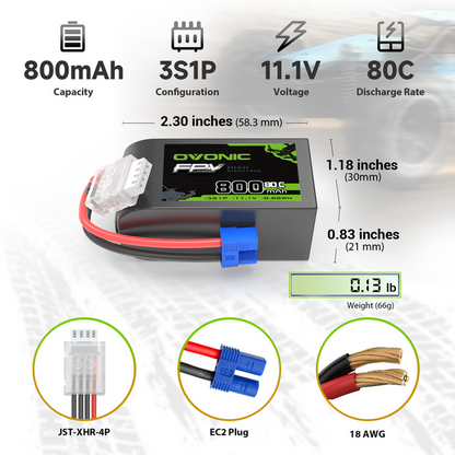 2× OVONIC 11.1V 80C 800mAh 3S LiPo Battery with EC2 Plug for Micro FPV Tinywhoop Cinewhoop Drone Helicopters