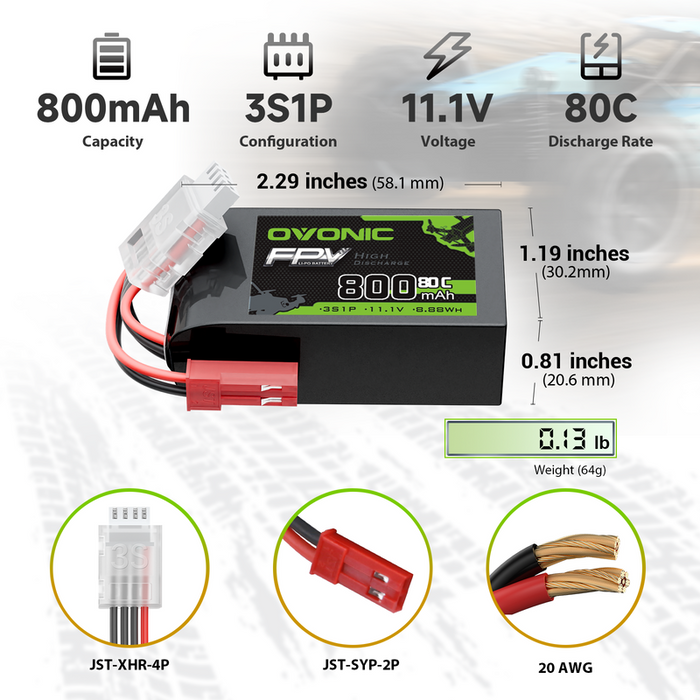 2× OVONIC 11.1V 80C 800mAh 3S LiPo Battery with JST Plug for Micro FPV Tinywhoop, Cinewhoop Drones & Helicopters