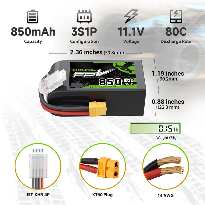2× OVONIC 11.1V 80C 850mAh 3S LiPo Battery with XT60 Plug for 3 to 5-inch FPV Drones