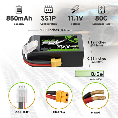 2× OVONIC 11.1V 80C 850mAh 3S LiPo Battery with XT60 Plug for 3 to 5-inch FPV Drones