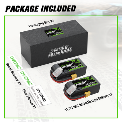 2× OVONIC 11.1V 80C 850mAh 3S LiPo Battery with XT60 Plug for 3 to 5-inch FPV Drones