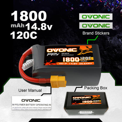 2× Ovonic 120C 4S 1800mAh 14.8V LiPo Battery Pack for FPV Racing with XT60 Plug for 5-6 inch Racing Drones Freestyle Long-Range FPV