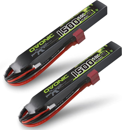 2 × OVONIC 2S Lipo Battery 1500mAh 2S1P 50C 7.4V Airsoft Lipo Battery Softcase with T Plug for Airsoft Airgun M4
