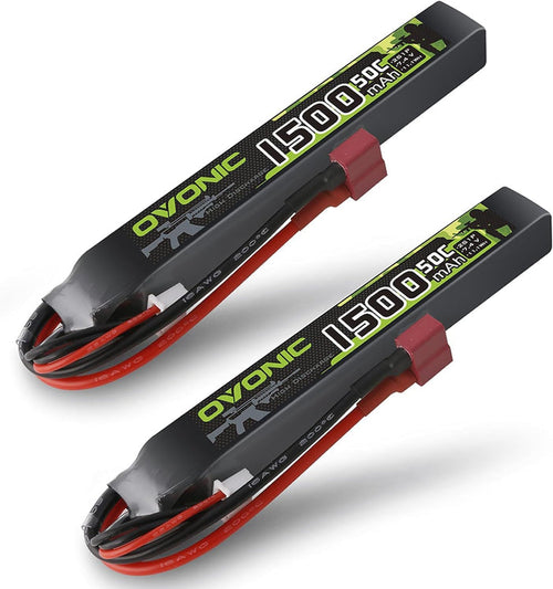 2 × OVONIC 2S Lipo Battery 1500mAh 2S1P 50C 7.4V Airsoft Lipo Battery Softcase with T Plug for Airsoft Airgun M4