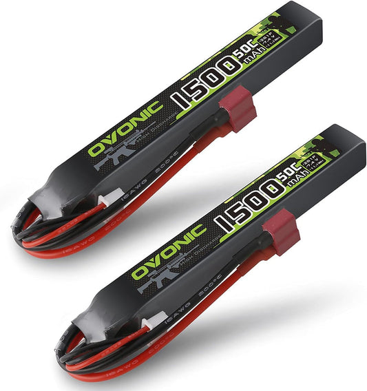 2 × OVONIC 2S Lipo Battery 1500mAh 2S1P 50C 7.4V Airsoft Lipo Battery Softcase with T Plug for Airsoft Airgun M4