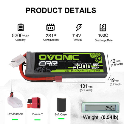 2 × OVONIC 2S Lipo Battery 5200mAh 2S1P 100C 7.4V RC Lipo Battery HardCase with Deans T Plug for Losi 1/10 Scale Racing RC Car Truck Vehicles Buggy