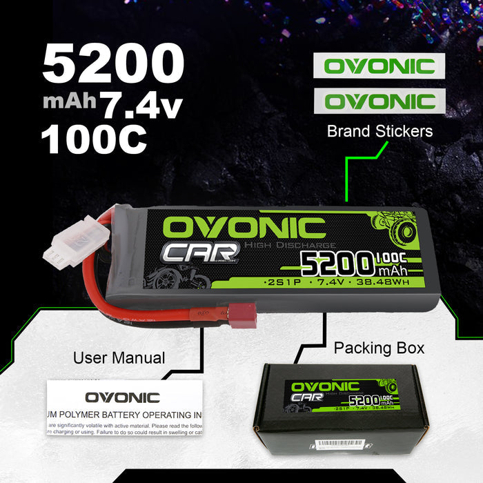 2 × OVONIC 2S Lipo Battery 5200mAh 2S1P 100C 7.4V RC Lipo Battery HardCase with Deans T Plug for Losi 1/10 Scale Racing RC Car Truck Vehicles Buggy
