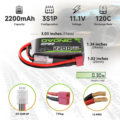 2 × OVONIC 3S Short LiPo Battery 11.1V 2200mAh 120C with Deans-T Plug for RC Cars Trucks Airplanes Helicopters Boats