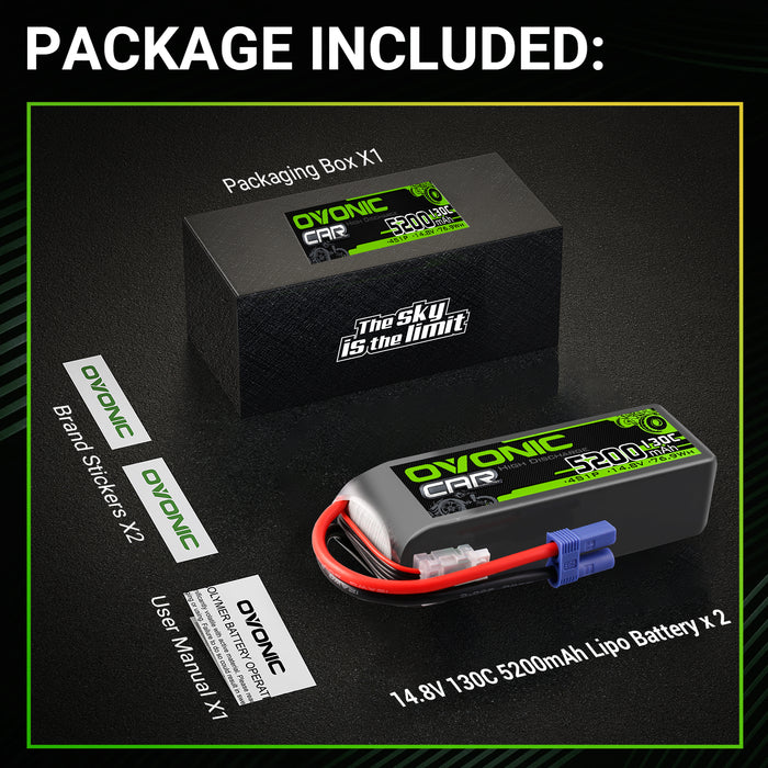 2 × OVONIC 4S Lipo Battery 5200mAh 130C 14.8V RC Lipo Battery with EC5 Plug for RC 1/10 1/8 Vehicles Car RC Truck