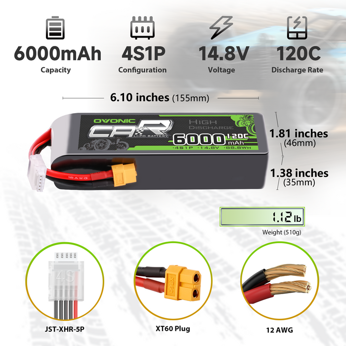 2 × OVONIC 4S Lipo Battery 6000mAh 120C 14.8V RC Lipo Battery with XT60 Plug for RC Vehicles Car RC Truck RC Airplane