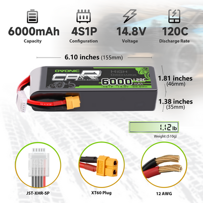 2 × OVONIC 4S Lipo Battery 6000mAh 120C 14.8V RC Lipo Battery with XT60 Plug for RC Vehicles Car RC Truck RC Airplane