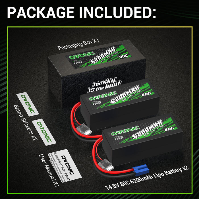 2 × OVONIC 4S Lipo Battery 6200mAh 80C 14.8V RC Lipo Battery with EC5 Plug for RC Vehicles 1/10 1/8 scale RC Truck