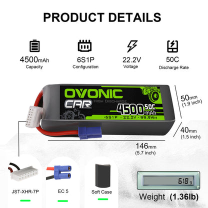 2 × OVONIC 6S Lipo Battery 22.2V 50C 4500mAh RC Lipo EC5 Plug Softcase for X Class Drone Racing