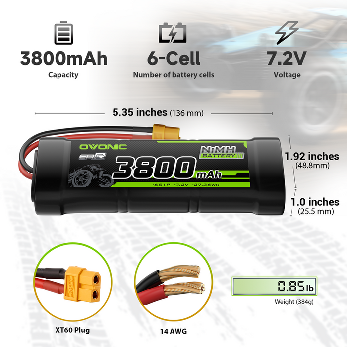 2 × OVONIC 7.2V 3800mAh NiMH Battery Pack 6-Cell Flat with XT60 & TRX Plug for RC Cars & Trucks