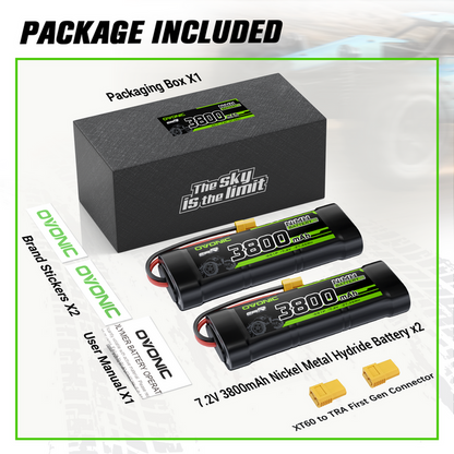 2 × OVONIC 7.2V 3800mAh NiMH Battery Pack 6-Cell Flat with XT60 & TRX Plug for RC Cars & Trucks
