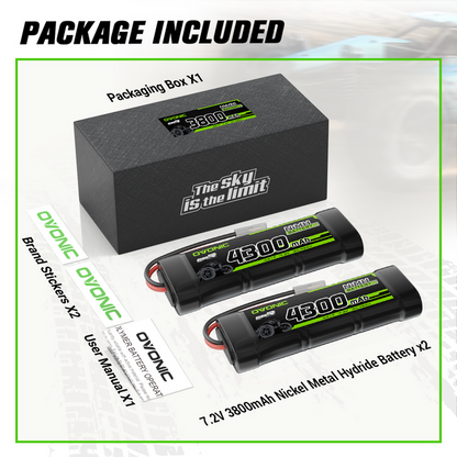 2 × OVONIC 7.2V 3800mAh NiMH Battery Pack 6-Cell with Tamiya Plug for RC Cars & Trucks