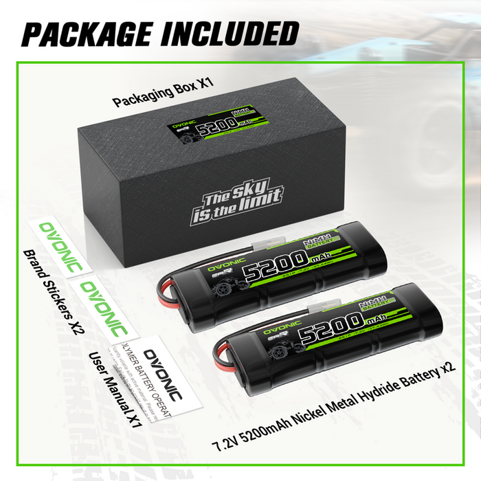 2 × OVONIC 7.2V 5200mAh NiMH Battery Pack 6-Cell with Tamiya Plug for RC Cars & Trucks