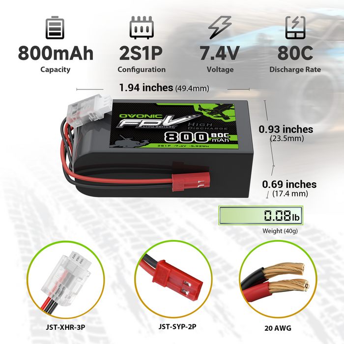 2× OVONIC 7.4V 80C 800mAh 2S LiPo Battery with JST Plug for 250 Helicopters, 800mm Warbird