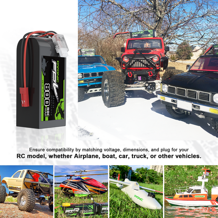 2× OVONIC 7.4V 80C 800mAh 2S LiPo Battery with JST Plug for 250 Helicopters, 800mm Warbird