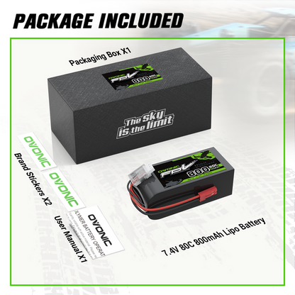 2× OVONIC 7.4V 80C 800mAh 2S LiPo Battery with JST Plug for 250 Helicopters, 800mm Warbird