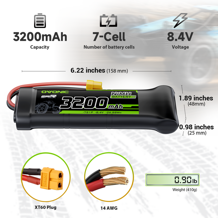 2 × OVONIC 8.4V 3200mAh NiMH Battery Pack 7-Cell Flat with XT60 & TRX Plug for RC Vehicles
