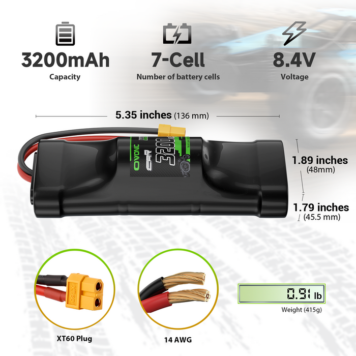 2 × OVONIC 8.4V 3200mAh NiMH Battery Pack 7-Cell Hump with XT60 & TRX Plug for RC Cars & Trucks