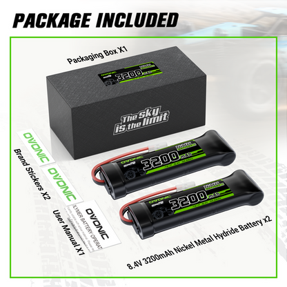 2 × OVONIC 8.4V 3200mAh NiMH Battery Pack 7-Cell with Tamiya Plug for RC Vehicles