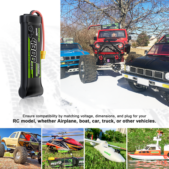 2 × OVONIC 8.4V 4300mAh NiMH Battery Pack 7-Cell Flat with XT60 & TRX Plug for RC Cars