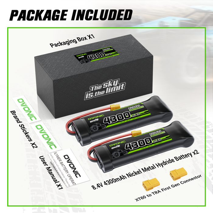 2 × OVONIC 8.4V 4300mAh NiMH Battery Pack 7-Cell Flat with XT60 & TRX Plug for RC Cars