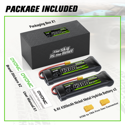 2 × OVONIC 8.4V 4300mAh NiMH Battery Pack 7-Cell Flat with XT60 & TRX Plug for RC Cars