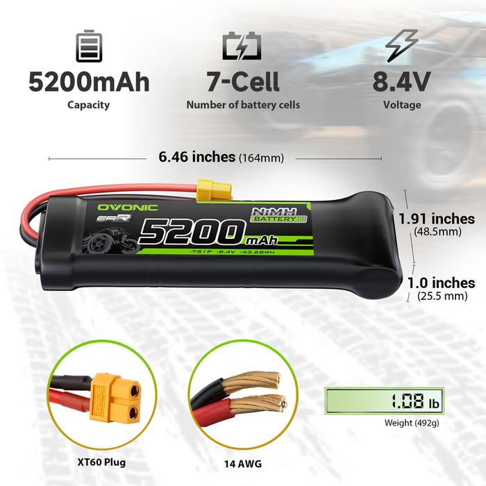 2 × OVONIC 8.4V 5200mAh NiMH Battery Pack 7-Cell Flat with XT60 & TRX Plug for RC Vehicles