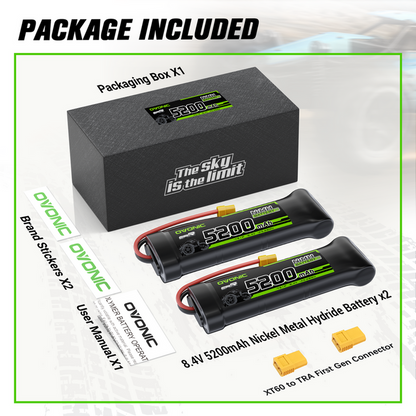 2 × OVONIC 8.4V 5200mAh NiMH Battery Pack 7-Cell Flat with XT60 & TRX Plug for RC Vehicles