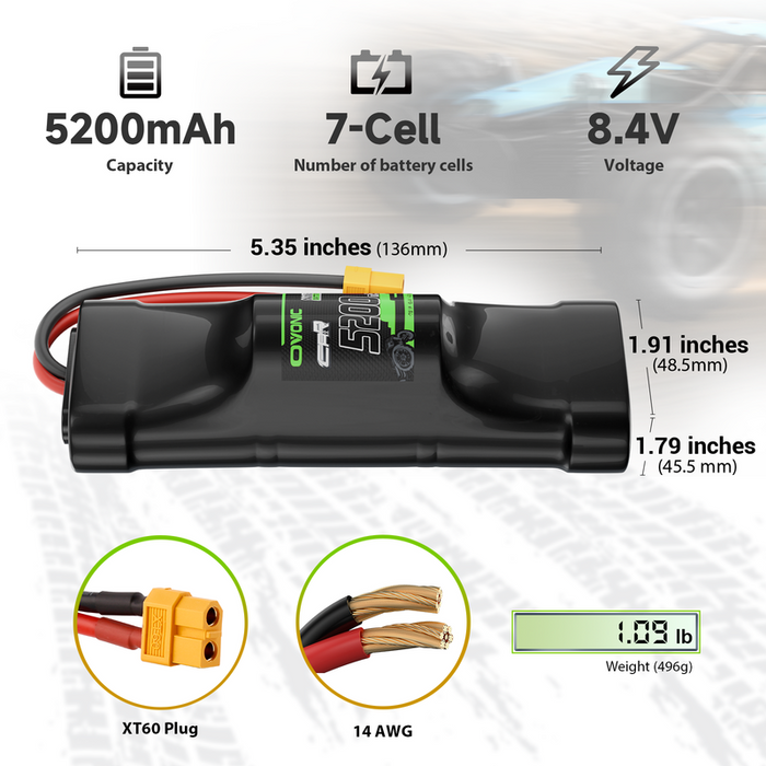 2 × OVONIC 8.4V 5200mAh NiMH Battery Pack 7-Cell Hump with XT60 & TRX Plug for RC Cars