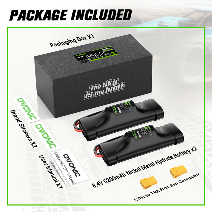 2 × OVONIC 8.4V 5200mAh NiMH Battery Pack 7-Cell Hump with XT60 & TRX Plug for RC Cars