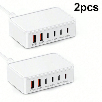 2 Pack, 6 Port USB C+USB A Fast Charging Station, Multi Device Wall Charger Adapter Plug For Home, Office, Compatible With Phone, Pad, Galaxy, Pixel