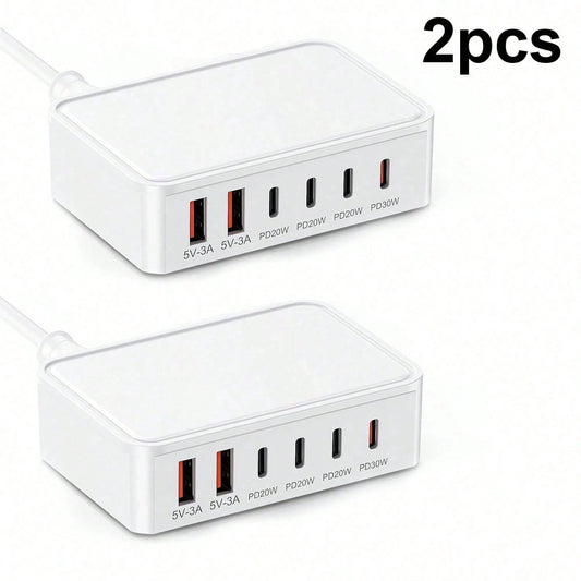 2 Pack, 6 Port USB C+USB A Fast Charging Station, Multi Device Wall Charger Adapter Plug For Home, Office, Compatible With Phone, Pad, Galaxy, Pixel