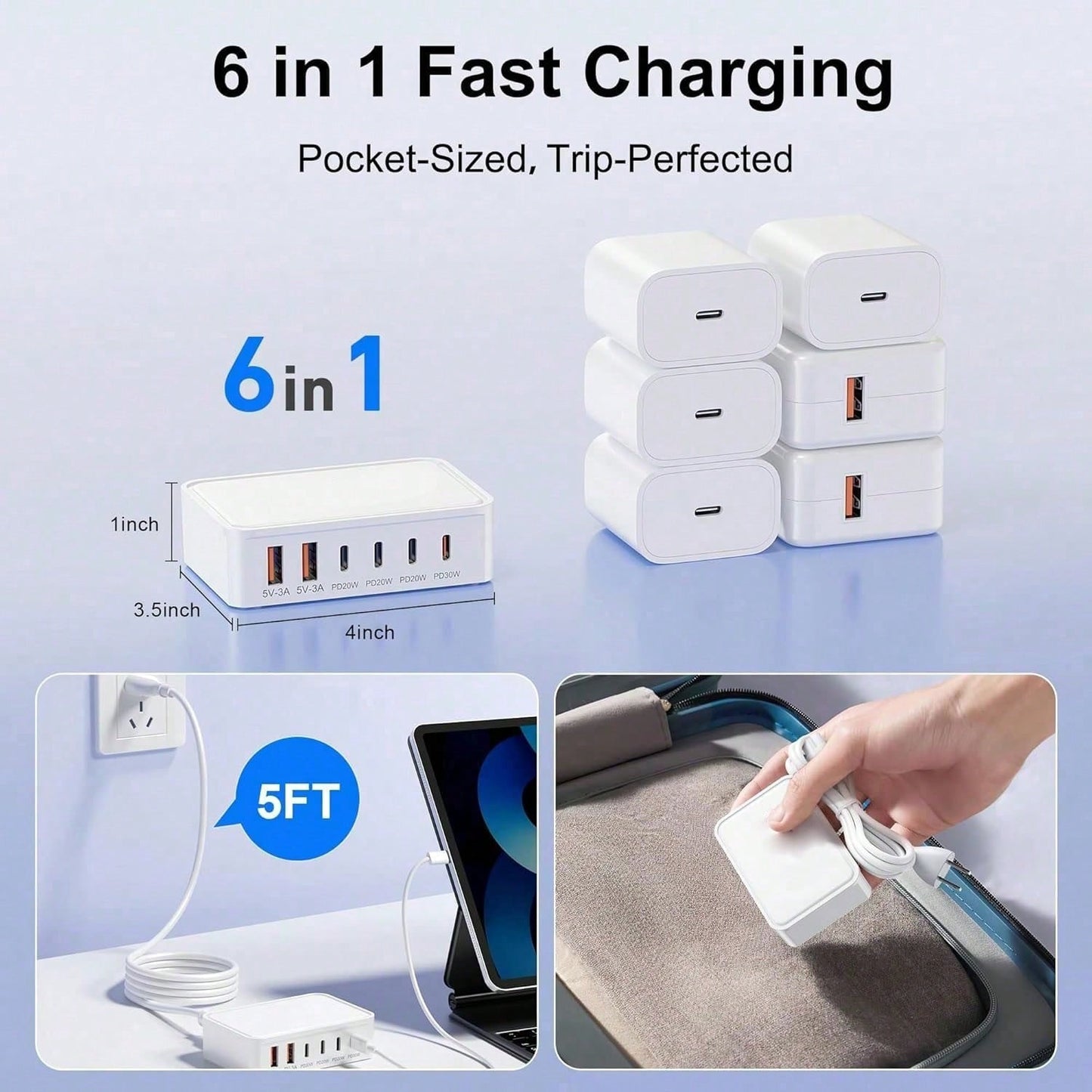 2 Pack, 6 Port USB C+USB A Fast Charging Station, Multi Device Wall Charger Adapter Plug For Home, Office, Compatible With Phone, Pad, Galaxy, Pixel