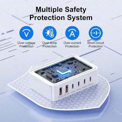 2 Pack, 6 Port USB C+USB A Fast Charging Station, Multi Device Wall Charger Adapter Plug For Home, Office, Compatible With Phone, Pad, Galaxy, Pixel