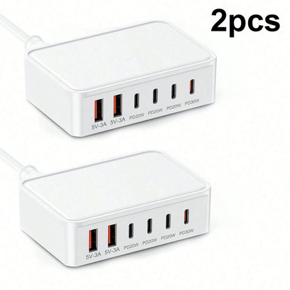 2 Pack, 6 Port USB C+USB A Fast Charging Station, Multi Device Wall Charger Adapter Plug For Home, Office, Compatible With Phone, Pad, Galaxy, Pixel