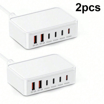 2 Pack, 6 Port USB C+USB A Fast Charging Station, Multi Device Wall Charger Adapter Plug For Home, Office, Compatible With Phone, Pad, Galaxy, Pixel