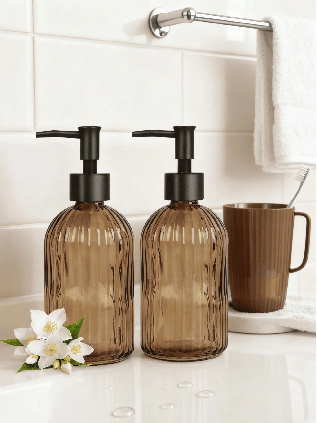 2-Pack Amber Glass Soap Dispenser With Black Rust-Proof Pump, 400ml Refillable Bottles For Hand Soap, Lotion, Dish Soap & Oil, Kitchen And Bathroom Essentials