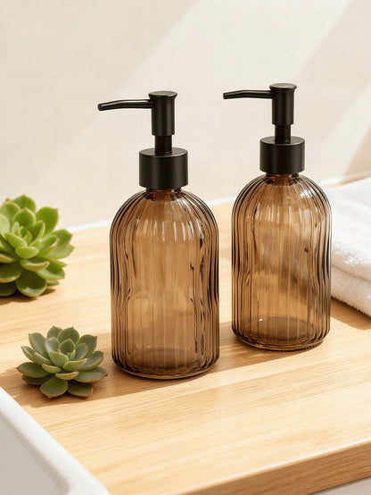 2-Pack Amber Glass Soap Dispenser With Black Rust-Proof Pump, 400ml Refillable Bottles For Hand Soap, Lotion, Dish Soap & Oil, Kitchen And Bathroom Essentials