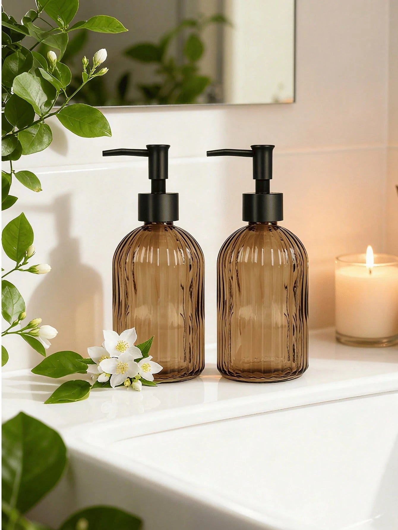 2-Pack Amber Glass Soap Dispenser With Black Rust-Proof Pump, 400ml Refillable Bottles For Hand Soap, Lotion, Dish Soap & Oil, Kitchen And Bathroom Essentials