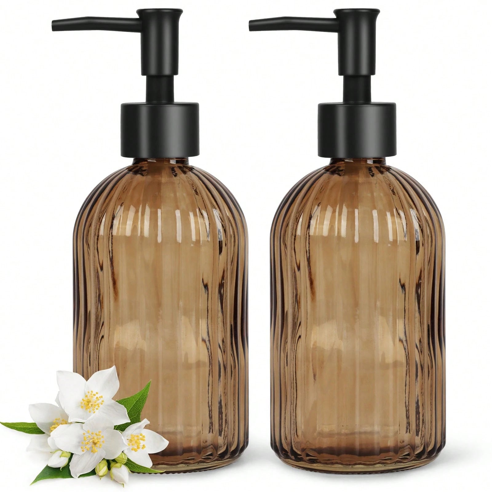 2-Pack Amber Glass Soap Dispenser With Black Rust-Proof Pump, 400ml Refillable Bottles For Hand Soap, Lotion, Dish Soap & Oil, Kitchen And Bathroom Essentials
