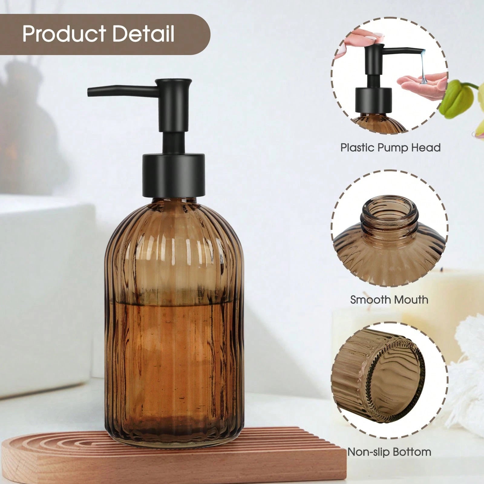 2-Pack Amber Glass Soap Dispenser With Black Rust-Proof Pump, 400ml Refillable Bottles For Hand Soap, Lotion, Dish Soap & Oil, Kitchen And Bathroom Essentials
