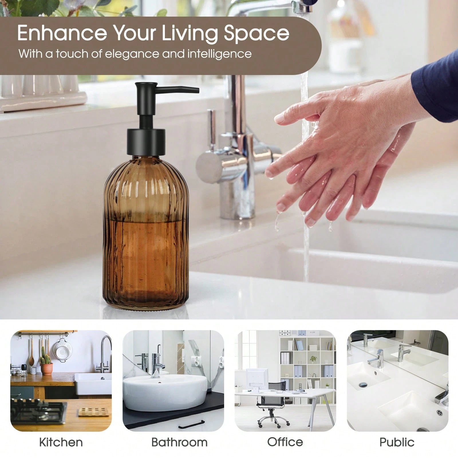 2-Pack Amber Glass Soap Dispenser With Black Rust-Proof Pump, 400ml Refillable Bottles For Hand Soap, Lotion, Dish Soap & Oil, Kitchen And Bathroom Essentials