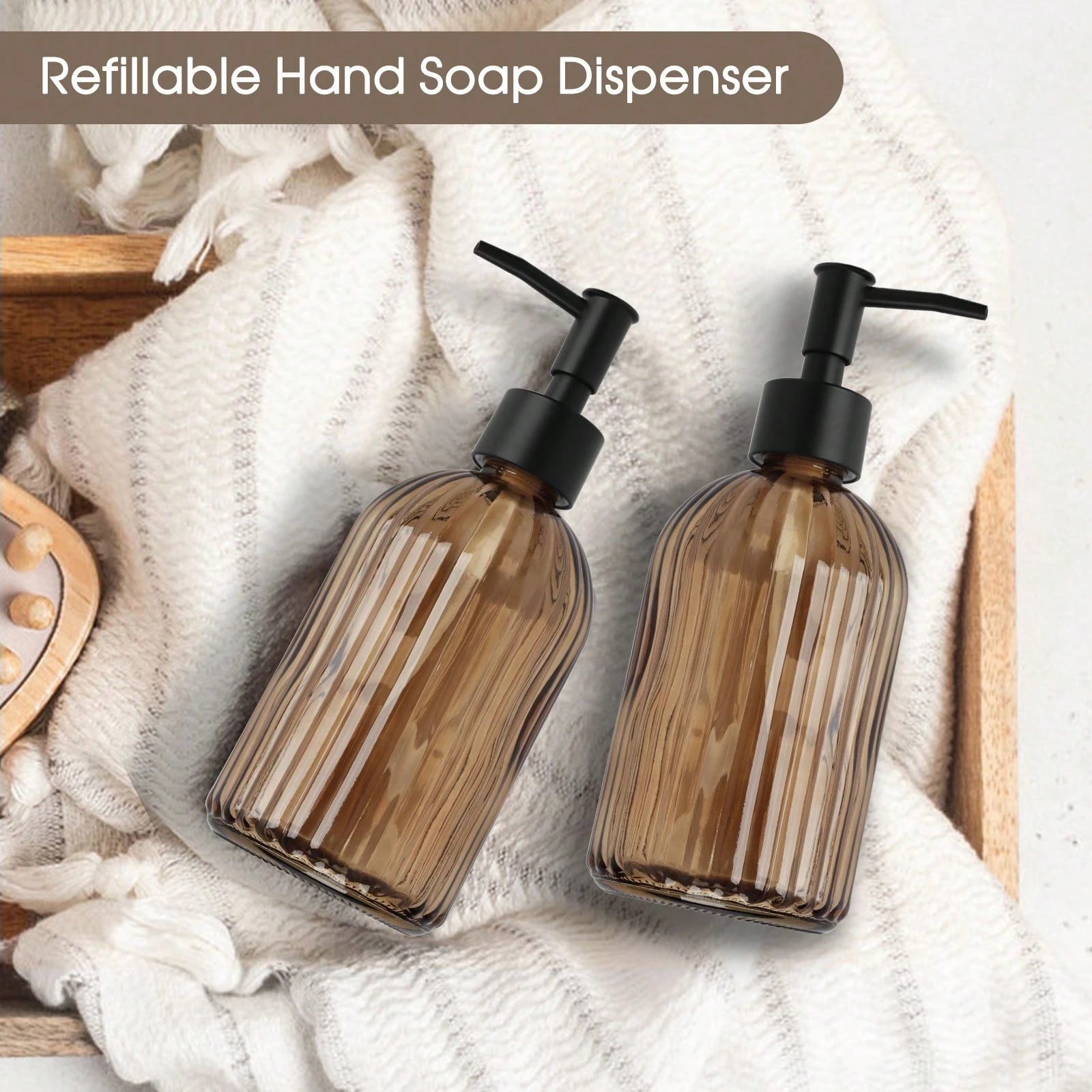 2-Pack Amber Glass Soap Dispenser With Black Rust-Proof Pump, 400ml Refillable Bottles For Hand Soap, Lotion, Dish Soap & Oil, Kitchen And Bathroom Essentials