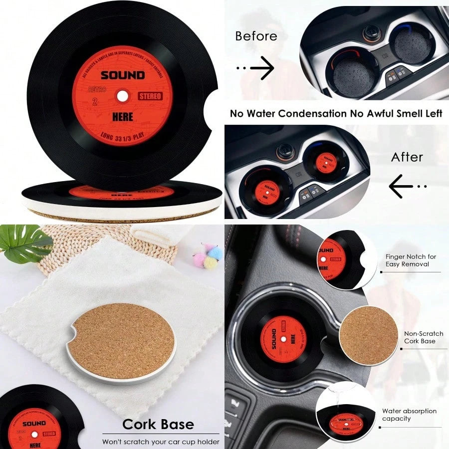 2 Pack Car Coaster Absorbent Ceramic Stone Cork Base Drink Coasters 2.6 Inch Music Retro Disco Nostalgics Auto Accessories Cup Holders For Women Men Car Decor
