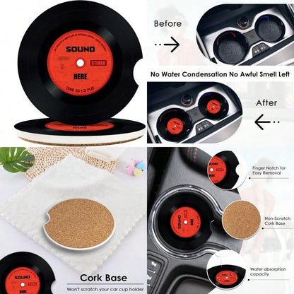 2 Pack Car Coaster Absorbent Ceramic Stone Cork Base Drink Coasters 2.6 Inch Music Retro Disco Nostalgics Auto Accessories Cup Holders For Women Men Car Decor